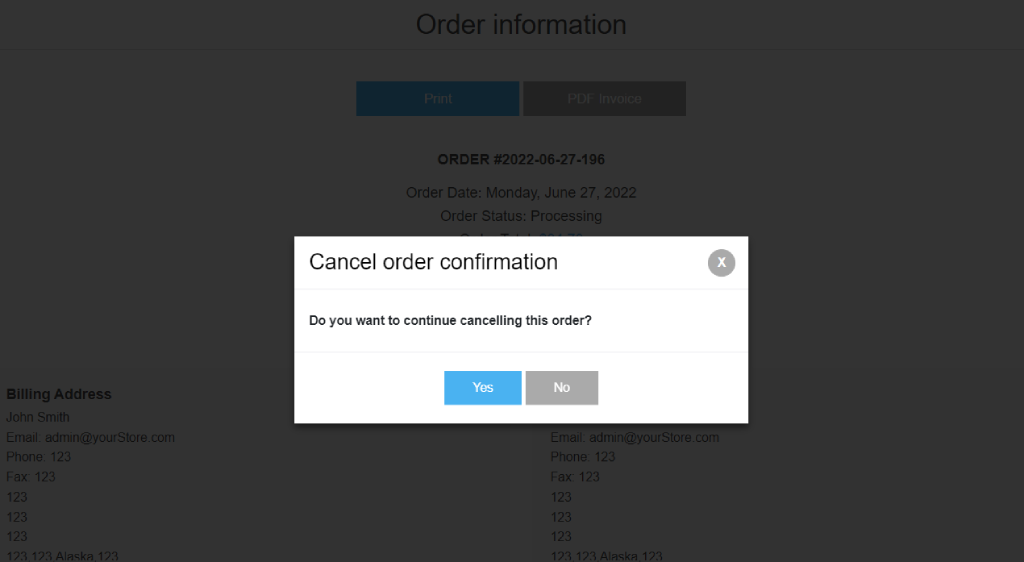 cancel order option cancel order confirmation
